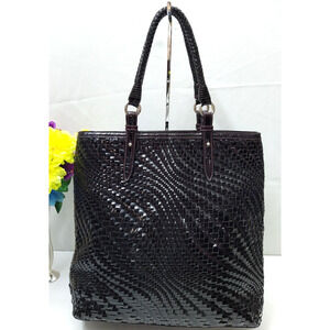 Cole Haan Genevieve Dark Plum Patent Leather Woven Large Tote Shoulder Bag Purse